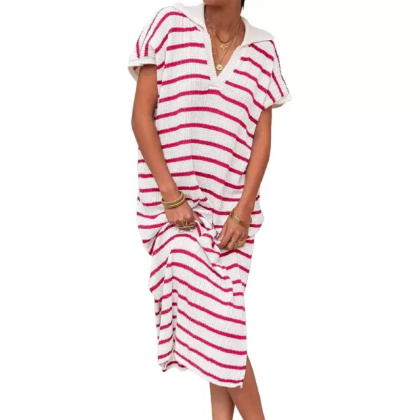 imageSaodimallsu Womens Striped Summer Dresses Short Sleeve V Neck Knit Collared Sexy Slit Loose Maxi Sweater DressRose Red