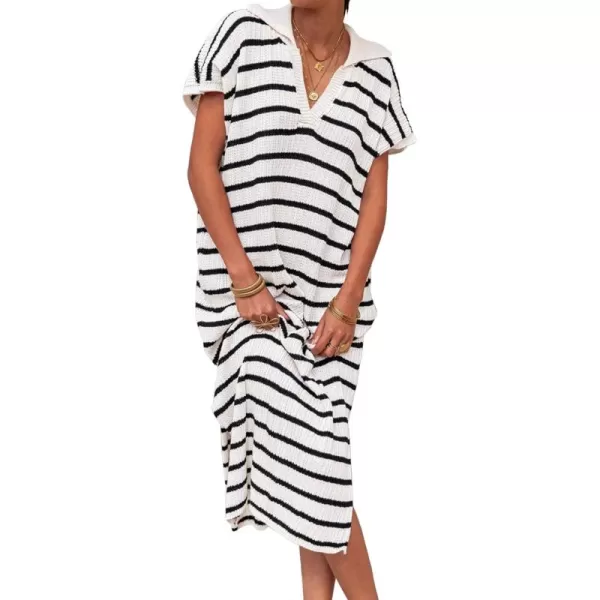 imageSaodimallsu Womens Striped Summer Dresses Short Sleeve V Neck Knit Collared Sexy Slit Loose Maxi Sweater DressWhite