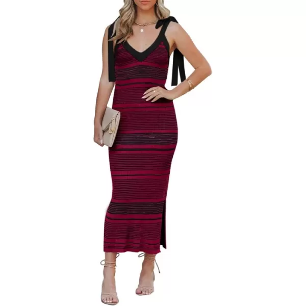 imageSaodimallsu Womens Summer Midi Bodycon Sweater Dress Sexy V Neck Tie Shoulder Striped Knit Side Slit Sleeveless Tank DressesRed