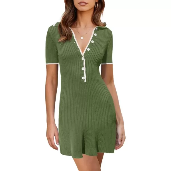 imageSaodimallsu Womens V Neck Short Sleeve Slim Fit Bodycon Sweater Dress Button Up Ribbed Knit Mini Summer DressesArmy Green