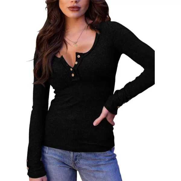 Saodimallsu Womens Henley Shirts V Neck Long Sleeve Ribbed Button Down Casual Plain T Shirt Tops Blouse TeesBlack