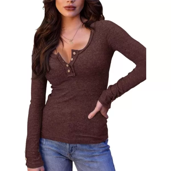 Saodimallsu Womens Henley Shirts V Neck Long Sleeve Ribbed Button Down Casual Plain T Shirt Tops Blouse TeesBrown