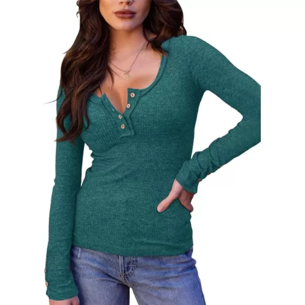 Saodimallsu Womens Henley Shirts V Neck Long Sleeve Ribbed Button Down Casual Plain T Shirt Tops Blouse TeesDark Green