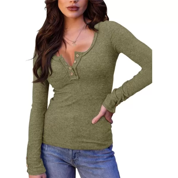 Saodimallsu Womens Henley Shirts V Neck Long Sleeve Ribbed Button Down Casual Plain T Shirt Tops Blouse TeesGrass Green