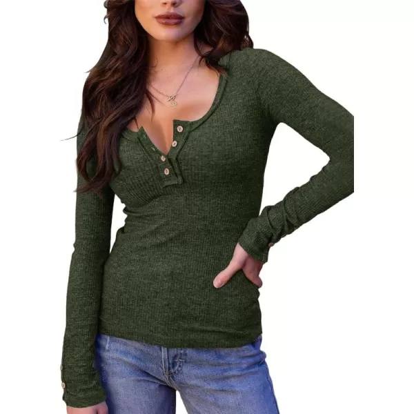 Saodimallsu Womens Henley Shirts V Neck Long Sleeve Ribbed Button Down Casual Plain T Shirt Tops Blouse TeesGreen