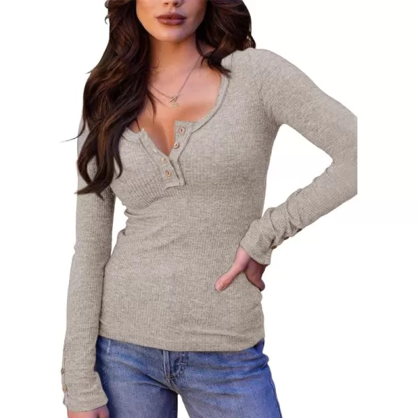 Saodimallsu Womens Henley Shirts V Neck Long Sleeve Ribbed Button Down Casual Plain T Shirt Tops Blouse TeesLight Gray