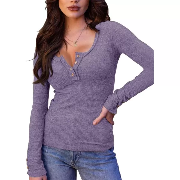 Saodimallsu Womens Henley Shirts V Neck Long Sleeve Ribbed Button Down Casual Plain T Shirt Tops Blouse TeesLight Purple