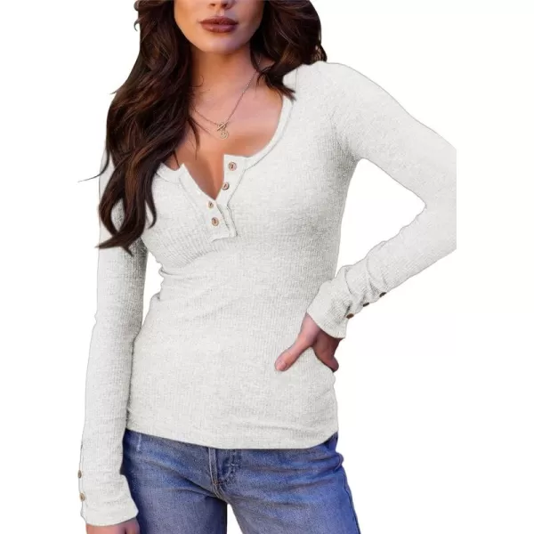 Saodimallsu Womens Henley Shirts V Neck Long Sleeve Ribbed Button Down Casual Plain T Shirt Tops Blouse TeesWhite