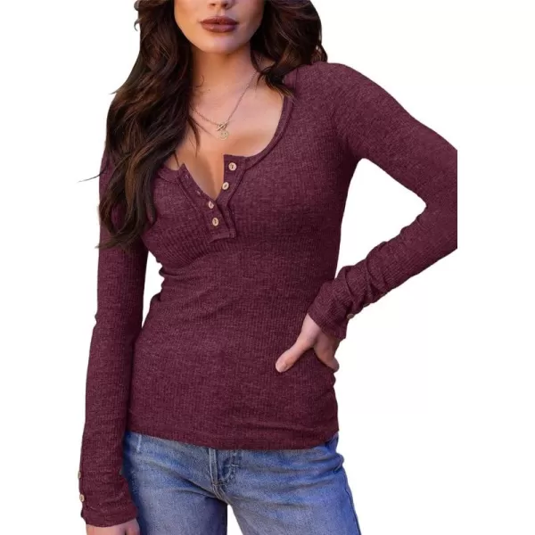 Saodimallsu Womens Henley Shirts V Neck Long Sleeve Ribbed Button Down Casual Plain T Shirt Tops Blouse TeesWine Red