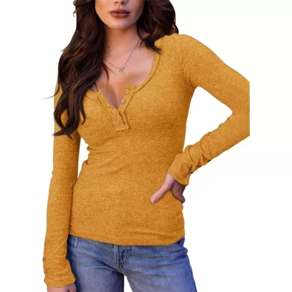 Saodimallsu Womens Henley Shirts V Neck Long Sleeve Ribbed Button Down Casual Plain T Shirt Tops Blouse TeesYellow