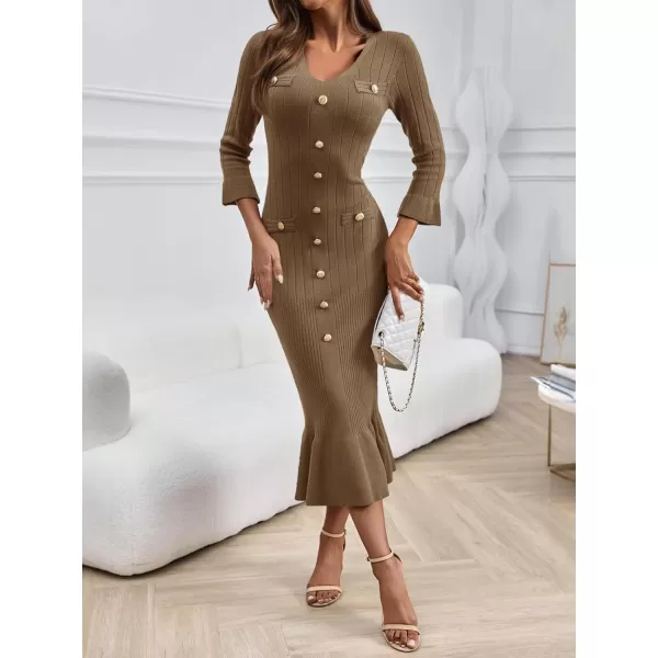 imageSaodimallsu Womens Bodycon Fall Winter Sweater Dress V Neck 34 Sleeve Button Ruffle Ribbed Knit Midi DressesBrown