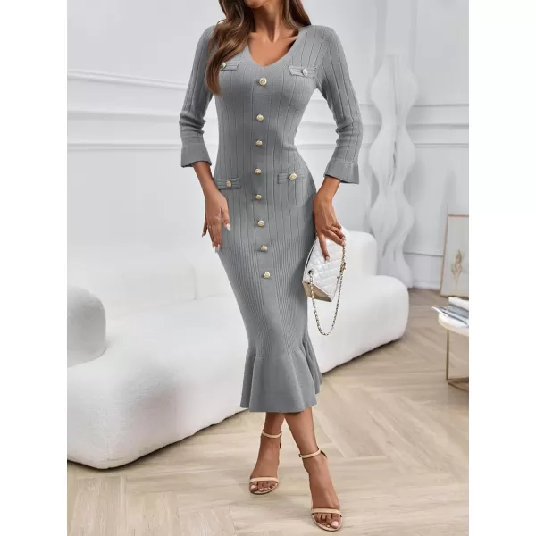 imageSaodimallsu Womens Bodycon Fall Winter Sweater Dress V Neck 34 Sleeve Button Ruffle Ribbed Knit Midi DressesGrey