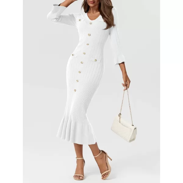 imageSaodimallsu Womens Bodycon Fall Winter Sweater Dress V Neck 34 Sleeve Button Ruffle Ribbed Knit Midi DressesWhite