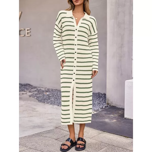 imageSaodimallsu Womens Button Down Sweater Dress Long Sleeve V Neck Knit Casual Striped Cardigans Maxi DressesArmy Green