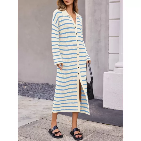 imageSaodimallsu Womens Button Down Sweater Dress Long Sleeve V Neck Knit Casual Striped Cardigans Maxi DressesBlue