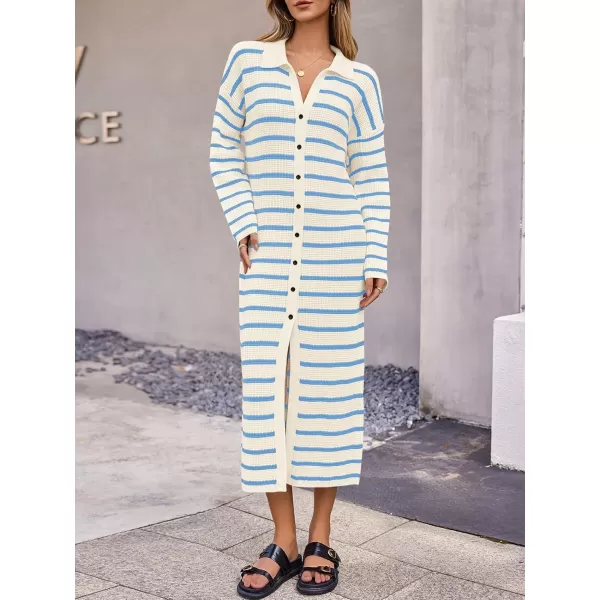 imageSaodimallsu Womens Button Down Sweater Dress Long Sleeve V Neck Knit Casual Striped Cardigans Maxi DressesBlue