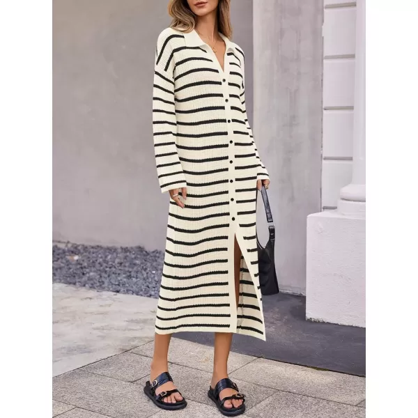 imageSaodimallsu Womens Button Down Sweater Dress Long Sleeve V Neck Knit Casual Striped Cardigans Maxi DressesWhite