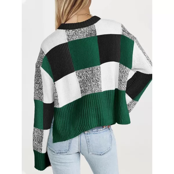 imageSaodimallsu Womens Checkered Sweater Cropped Oversized Trendy Fall Crew Neck Color Block Pullover SweatersGreen