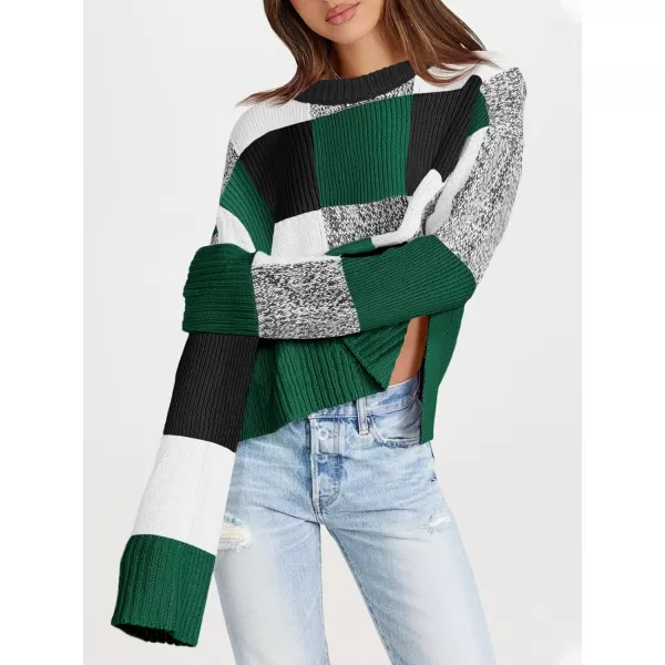 imageSaodimallsu Womens Checkered Sweater Cropped Oversized Trendy Fall Crew Neck Color Block Pullover SweatersGreen