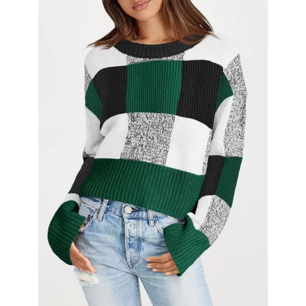 imageSaodimallsu Womens Checkered Sweater Cropped Oversized Trendy Fall Crew Neck Color Block Pullover SweatersGreen