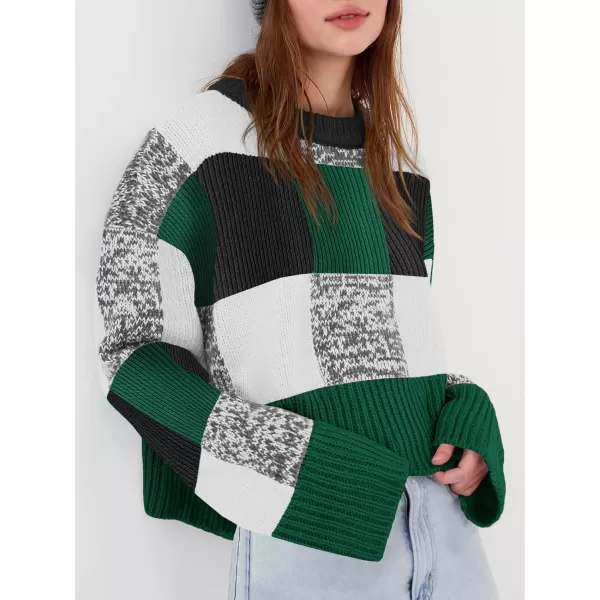 imageSaodimallsu Womens Checkered Sweater Cropped Oversized Trendy Fall Crew Neck Color Block Pullover SweatersGreen