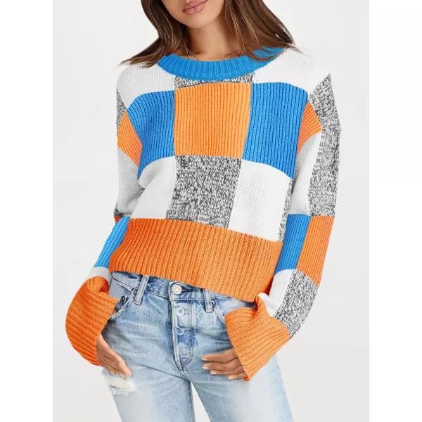 imageSaodimallsu Womens Checkered Sweater Cropped Oversized Trendy Fall Crew Neck Color Block Pullover SweatersOrange