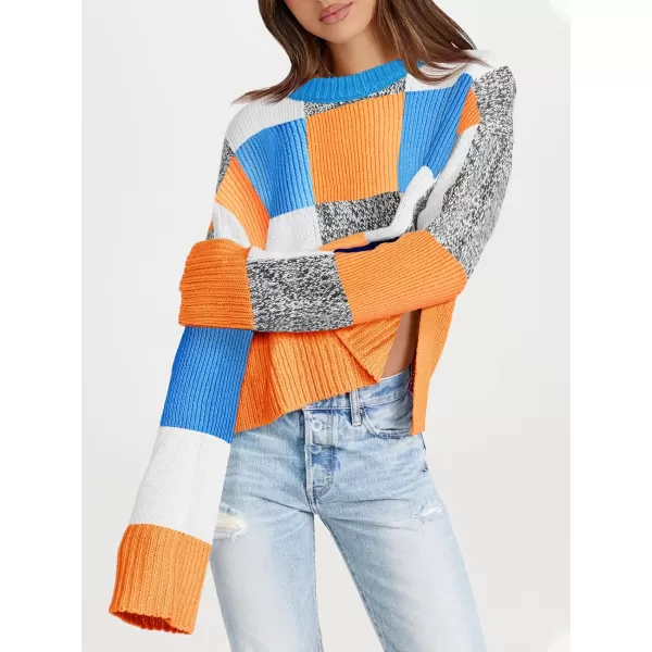 imageSaodimallsu Womens Checkered Sweater Cropped Oversized Trendy Fall Crew Neck Color Block Pullover SweatersOrange