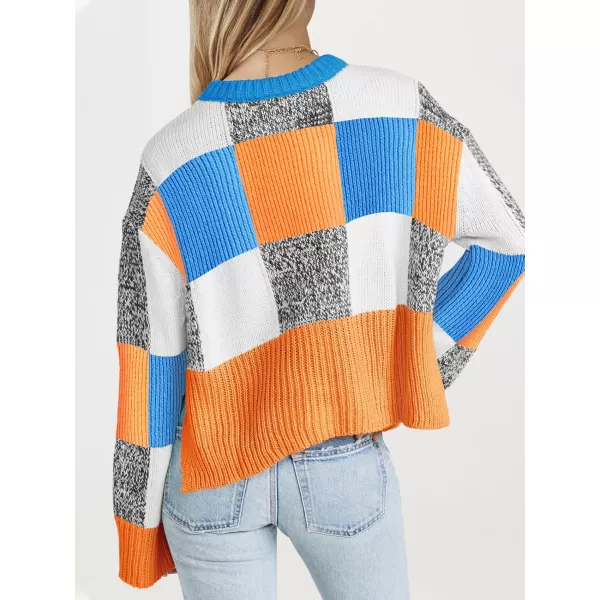 imageSaodimallsu Womens Checkered Sweater Cropped Oversized Trendy Fall Crew Neck Color Block Pullover SweatersOrange