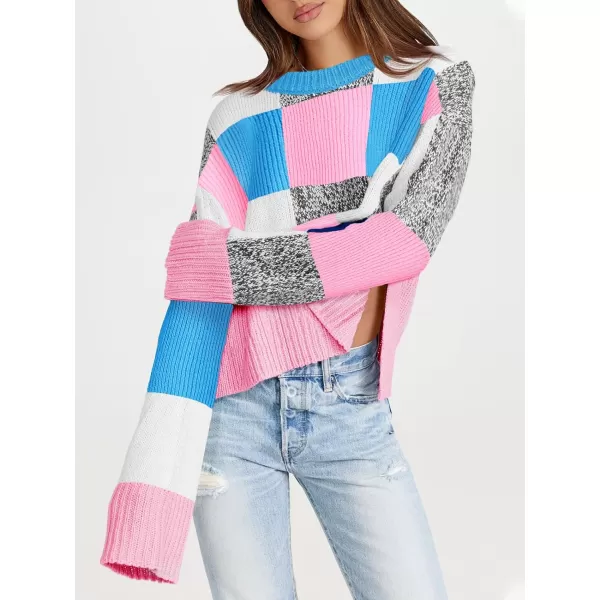 imageSaodimallsu Womens Checkered Sweater Cropped Oversized Trendy Fall Crew Neck Color Block Pullover SweatersPink