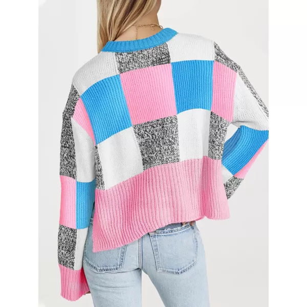 imageSaodimallsu Womens Checkered Sweater Cropped Oversized Trendy Fall Crew Neck Color Block Pullover SweatersPink