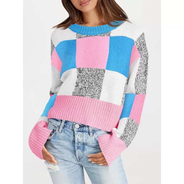 imageSaodimallsu Womens Checkered Sweater Cropped Oversized Trendy Fall Crew Neck Color Block Pullover SweatersPink