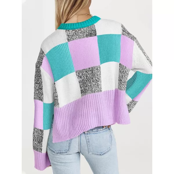 imageSaodimallsu Womens Checkered Sweater Cropped Oversized Trendy Fall Crew Neck Color Block Pullover SweatersPurple