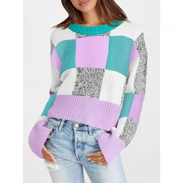 imageSaodimallsu Womens Checkered Sweater Cropped Oversized Trendy Fall Crew Neck Color Block Pullover SweatersPurple