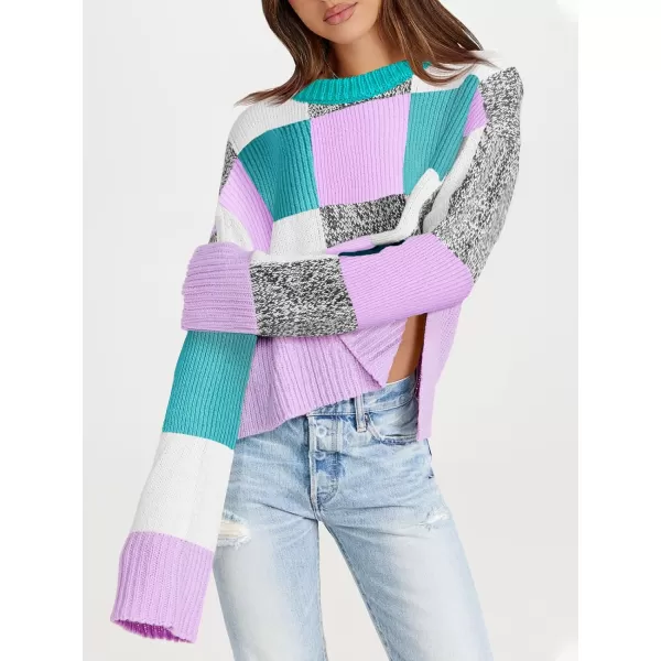 imageSaodimallsu Womens Checkered Sweater Cropped Oversized Trendy Fall Crew Neck Color Block Pullover SweatersPurple