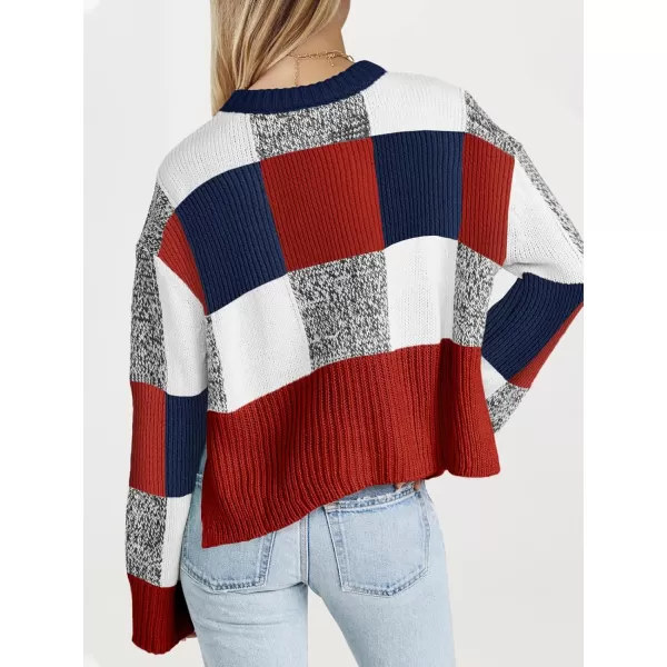 imageSaodimallsu Womens Checkered Sweater Cropped Oversized Trendy Fall Crew Neck Color Block Pullover SweatersRed