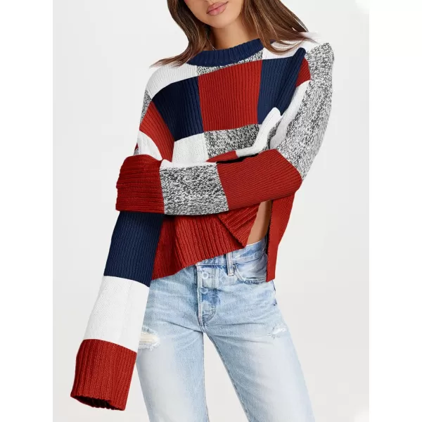 imageSaodimallsu Womens Checkered Sweater Cropped Oversized Trendy Fall Crew Neck Color Block Pullover SweatersRed