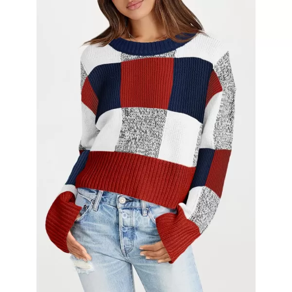 imageSaodimallsu Womens Checkered Sweater Cropped Oversized Trendy Fall Crew Neck Color Block Pullover SweatersRed