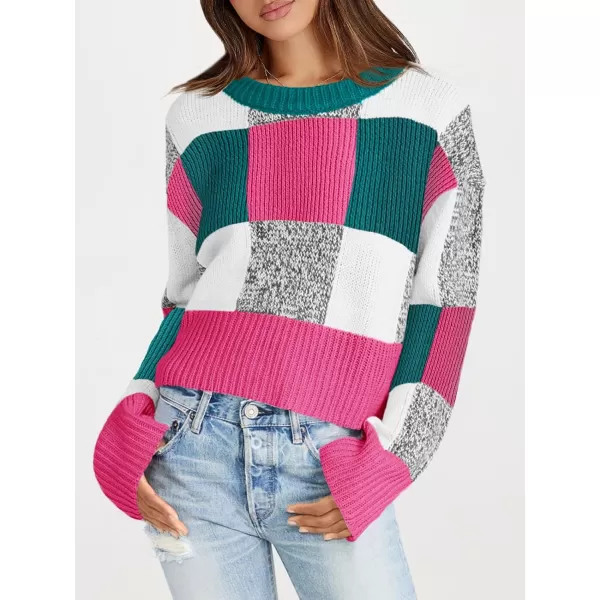 imageSaodimallsu Womens Checkered Sweater Cropped Oversized Trendy Fall Crew Neck Color Block Pullover SweatersRose Red