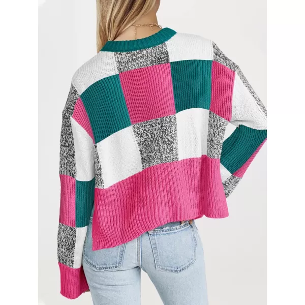 imageSaodimallsu Womens Checkered Sweater Cropped Oversized Trendy Fall Crew Neck Color Block Pullover SweatersRose Red