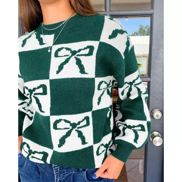 imageSaodimallsu Womens Color Block Bow Sweater Oversized Crewneck Long Sleeve Knit Warm Pullover TopsGreen