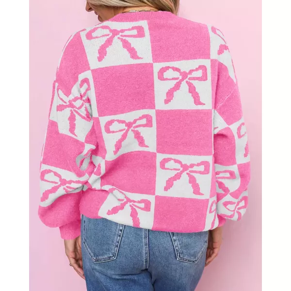 imageSaodimallsu Womens Color Block Bow Sweater Oversized Crewneck Long Sleeve Knit Warm Pullover TopsPink