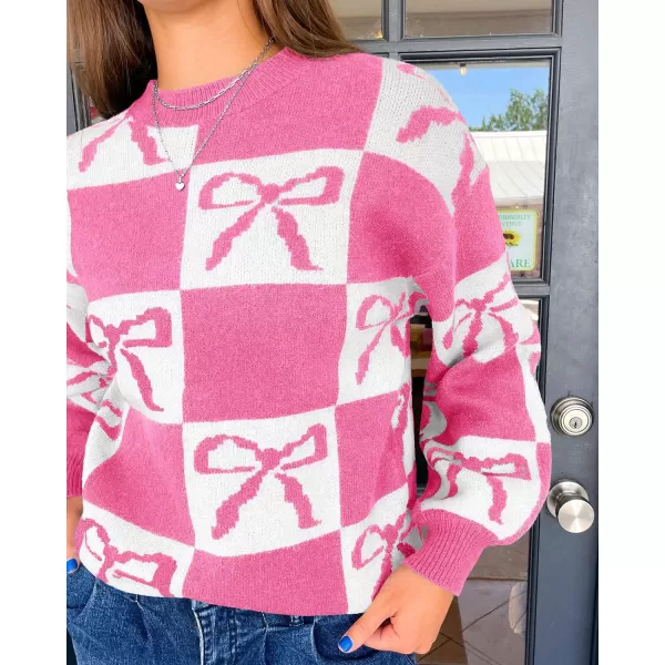 imageSaodimallsu Womens Color Block Bow Sweater Oversized Crewneck Long Sleeve Knit Warm Pullover TopsPink