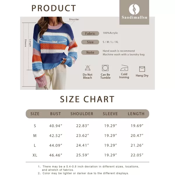 imageSaodimallsu Womens Color Block Sweater Striped Chunky Knit Cropped Sweaters Crewneck Fall Long Sleeve Loose Pullover TopsBlue