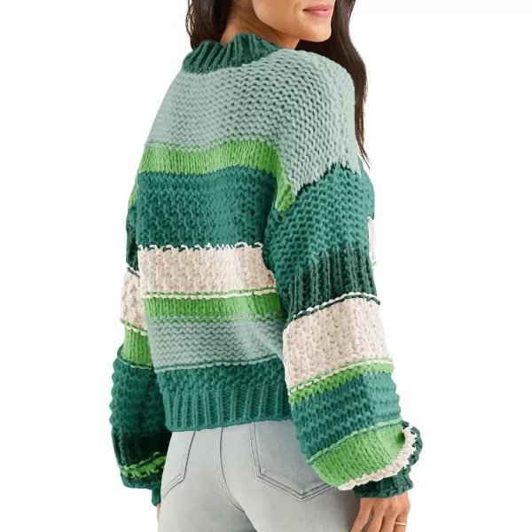 imageSaodimallsu Womens Color Block Sweater Striped Chunky Knit Cropped Sweaters Crewneck Fall Long Sleeve Loose Pullover TopsGreen