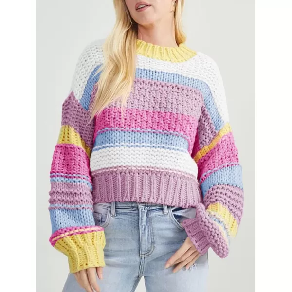 imageSaodimallsu Womens Color Block Sweater Striped Chunky Knit Cropped Sweaters Crewneck Fall Long Sleeve Loose Pullover TopsPink