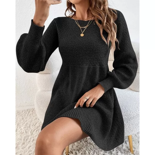 imageSaodimallsu Womens Crew Neck Mini Sweater Dress Lantern Sleeve High Waisted Rib Knit Dresses Cozy Pullover Long SweatersBlack