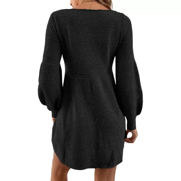 imageSaodimallsu Womens Crew Neck Mini Sweater Dress Lantern Sleeve High Waisted Rib Knit Dresses Cozy Pullover Long SweatersBlack