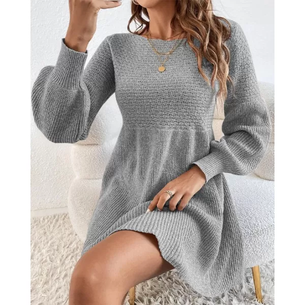 imageSaodimallsu Womens Crew Neck Mini Sweater Dress Lantern Sleeve High Waisted Rib Knit Dresses Cozy Pullover Long SweatersGrey