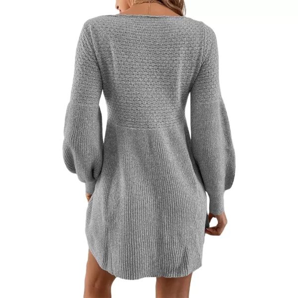 imageSaodimallsu Womens Crew Neck Mini Sweater Dress Lantern Sleeve High Waisted Rib Knit Dresses Cozy Pullover Long SweatersGrey