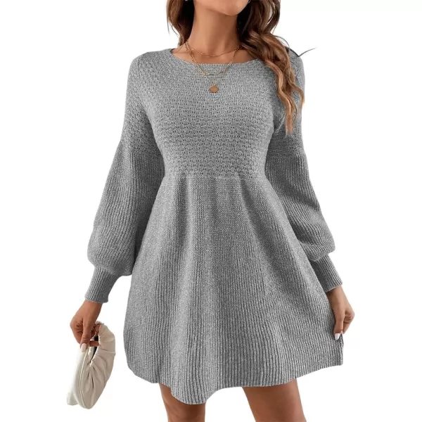 imageSaodimallsu Womens Crew Neck Mini Sweater Dress Lantern Sleeve High Waisted Rib Knit Dresses Cozy Pullover Long SweatersGrey